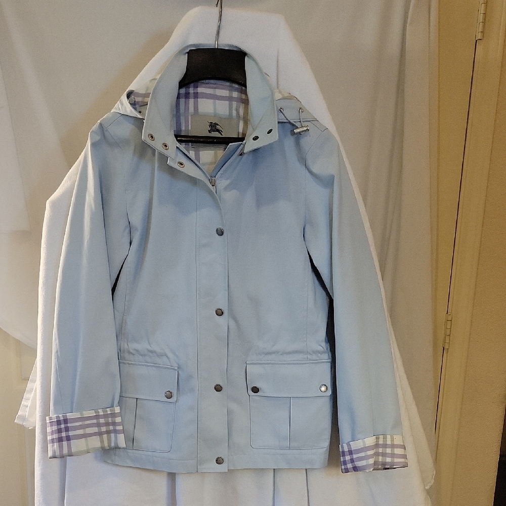 Burberry Light Blue Trench Coat with Plaid Accents